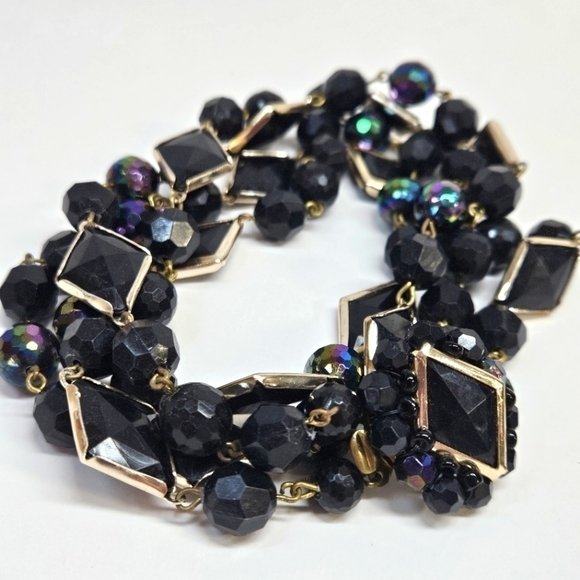 VINTAGE Black Plastic Beaded Strand Cluster Box Clasp Necklace Western Germany - Picture 8 of 8